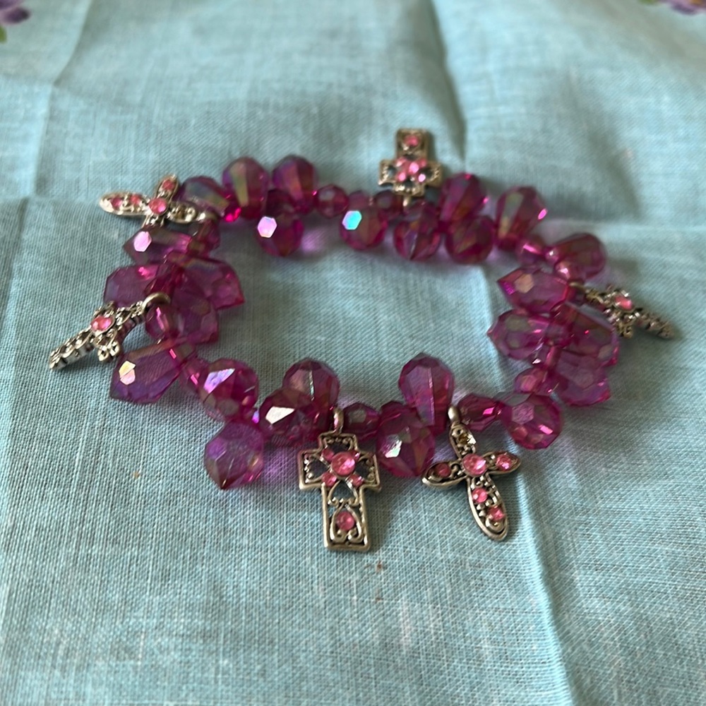 Pink crystal  bracelet with crosses in pink and silvertone